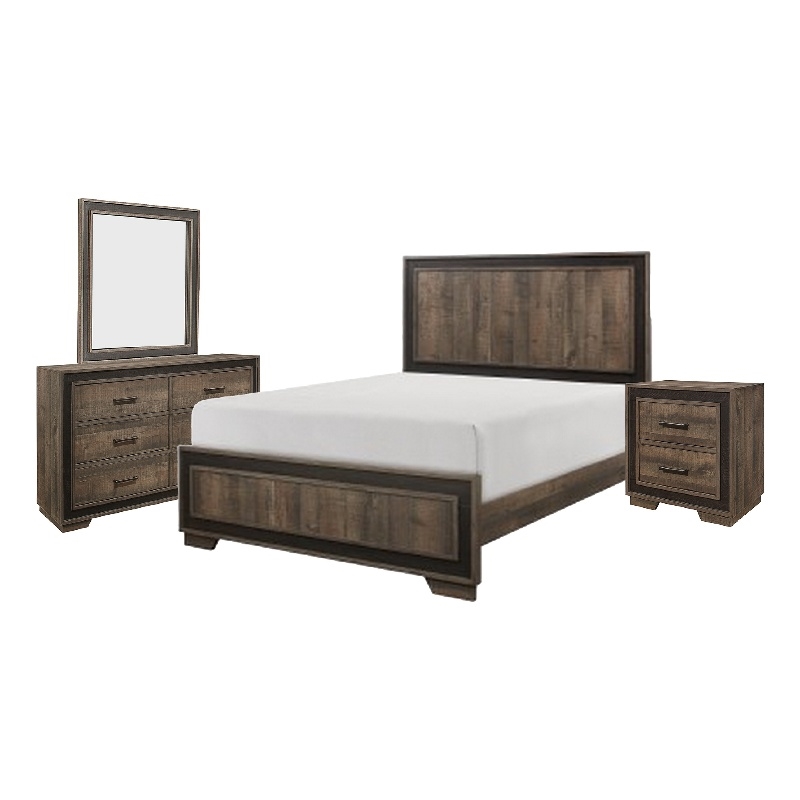 Shelli 4 Pc Queen Size Bedroom Set- Wood Planks- Mahogany Brown