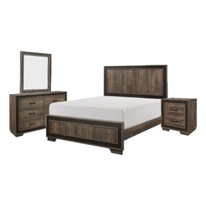 Shelli 4 Pc Queen Size Bedroom Set- Wood Planks- Mahogany Brown