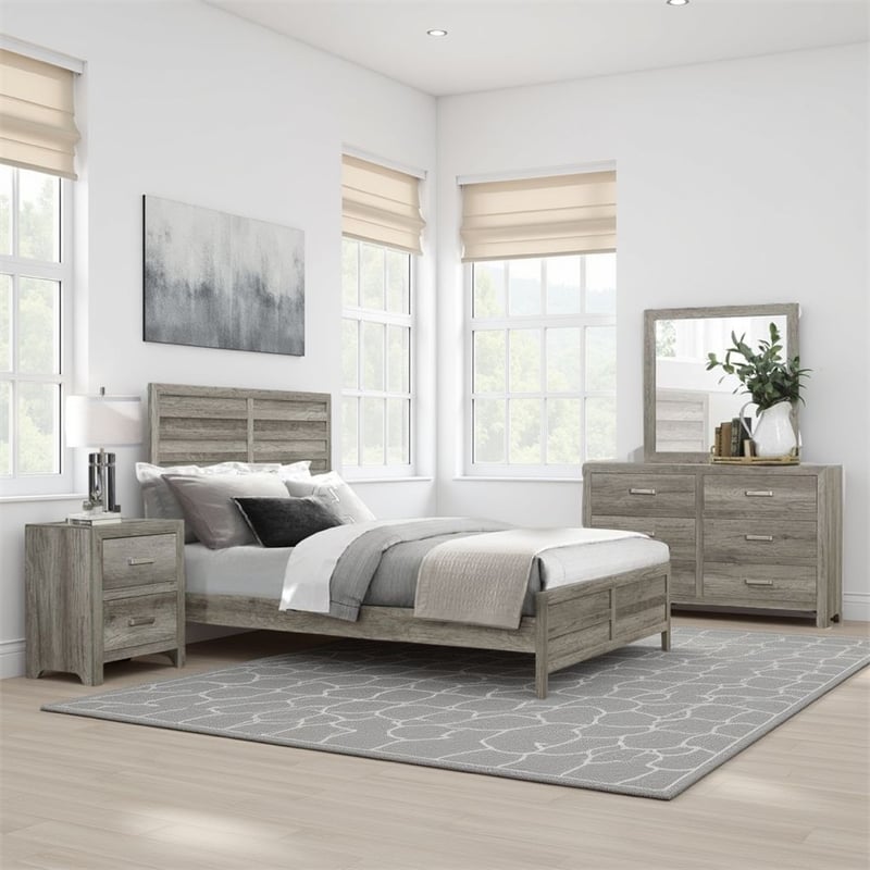 Kade 4 Pc Queen Size Bedroom Set- Slatted Panel Design- Weathered Gray Finish