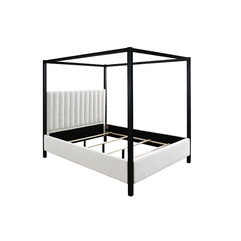 Gena King Canopy Bed- Channel Tufted White Boucle Upholstery- Black