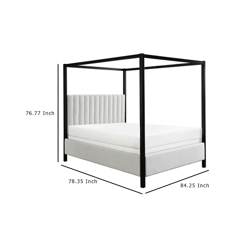 Gena King Canopy Bed- Channel Tufted White Boucle Upholstery- Black
