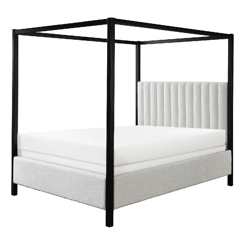 Gena King Canopy Bed- Channel Tufted White Boucle Upholstery- Black