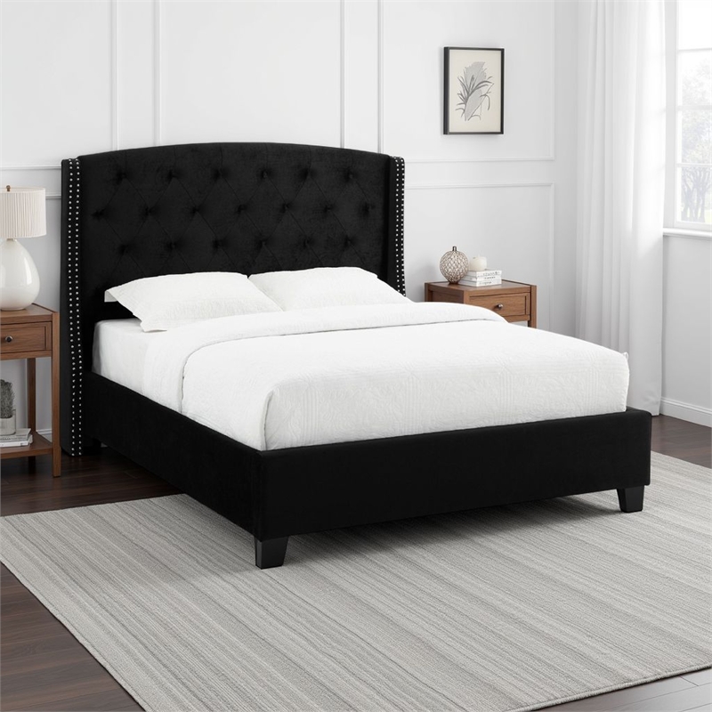 Elle King Size Bed- Tufted Wingback Headboard- Black Velvet Upholstery