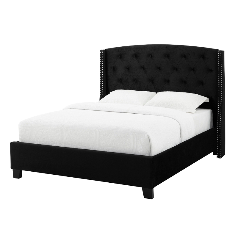 Elle Queen Size Bed- Tufted Wingback Headboard Black Velvet Upholstery