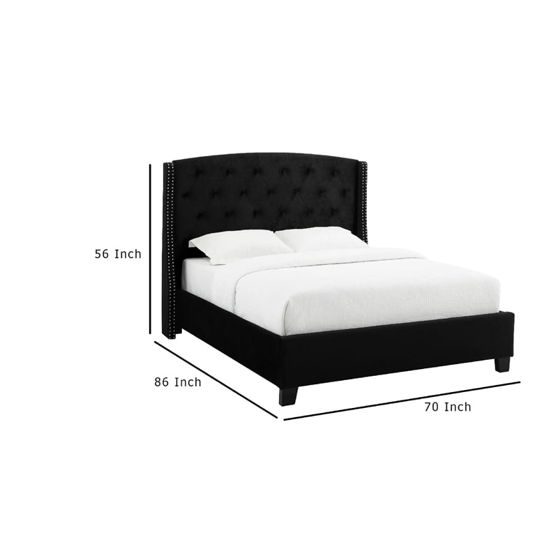 Elle Queen Size Bed- Tufted Wingback Headboard Black Velvet Upholstery