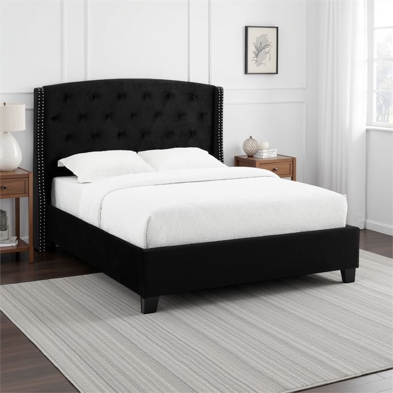 Elle Queen Size Bed- Tufted Wingback Headboard Black Velvet Upholstery