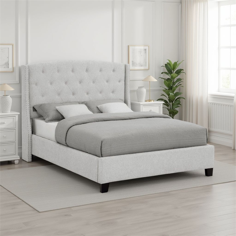 Elle King Size Bed- Tufted Wingback Headboard- Dove Gray Upholstery