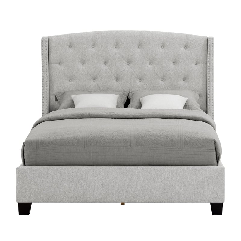 Elle Queen Size Bed- Tufted Wingback Headboard- Dove Gray Upholstery