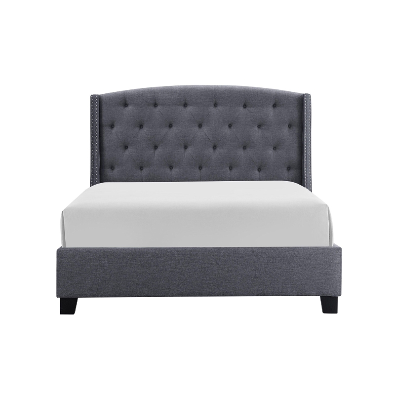 Elle King Size Bed- Tufted Wingback Headboard- Dark Gray Upholstery