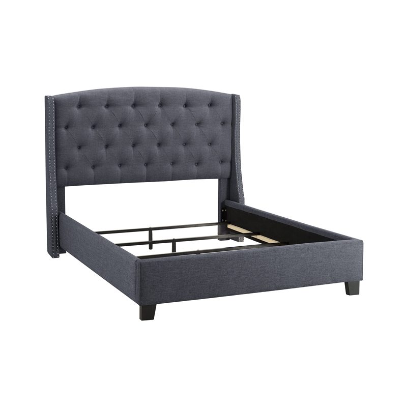 Elle Queen Size Bed- Tufted Wingback Headboard- Dark Gray Upholstery