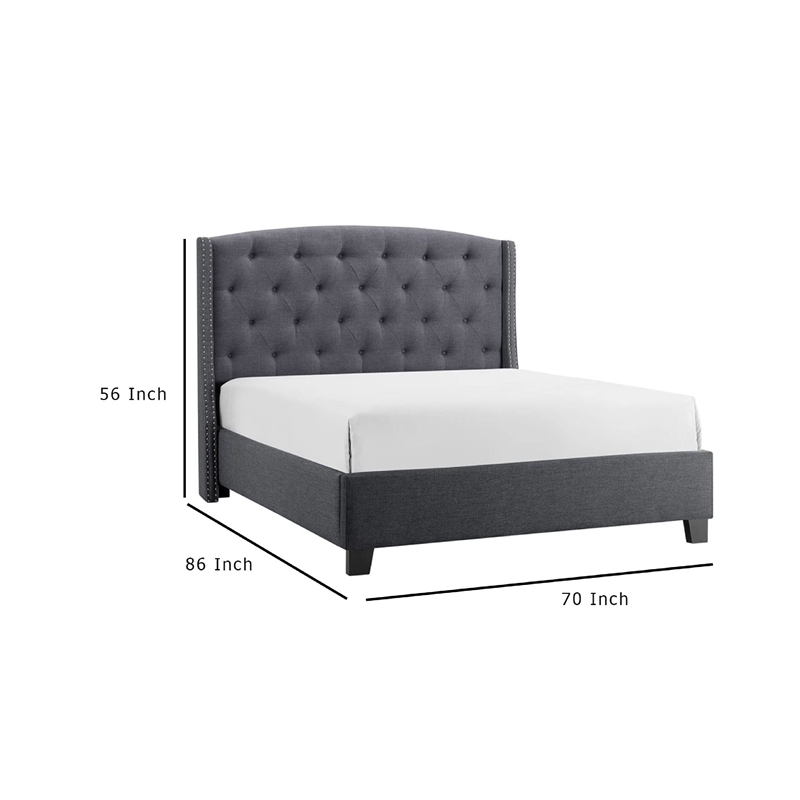 Elle Queen Size Bed- Tufted Wingback Headboard- Dark Gray Upholstery