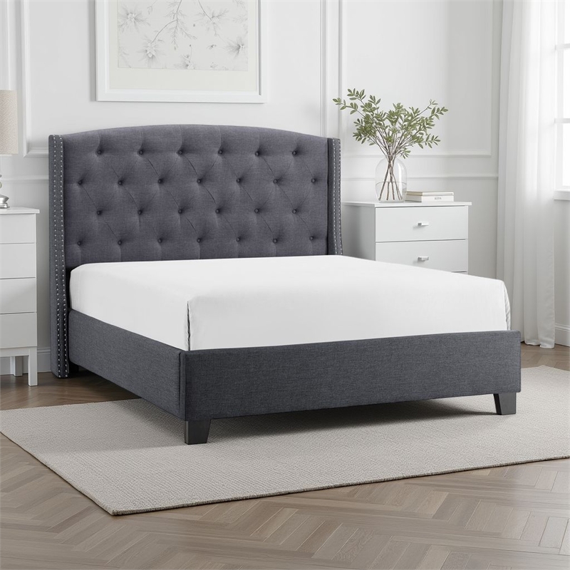 Elle Queen Size Bed- Tufted Wingback Headboard- Dark Gray Upholstery