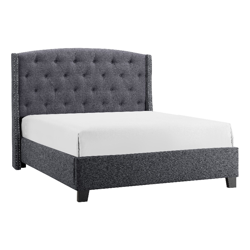 Elle Queen Size Bed- Tufted Wingback Headboard- Dark Gray Upholstery