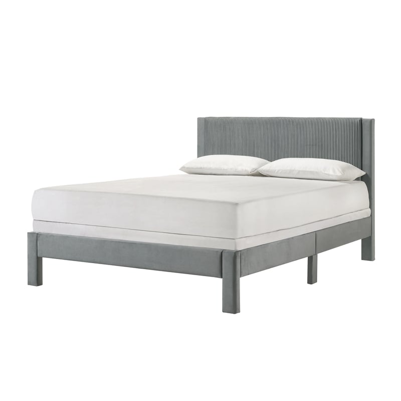 Cery Full Size Platform Bed- Light Gray Upholstery- Textured Headboard