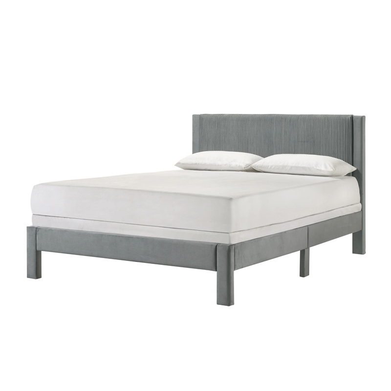 Cery Full Size Platform Bed- Light Gray Upholstery- Textured Headboard