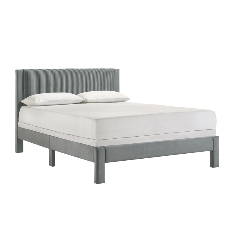 Cery Queen Size Platform Bed- Light Gray Upholstery Textured Headboard