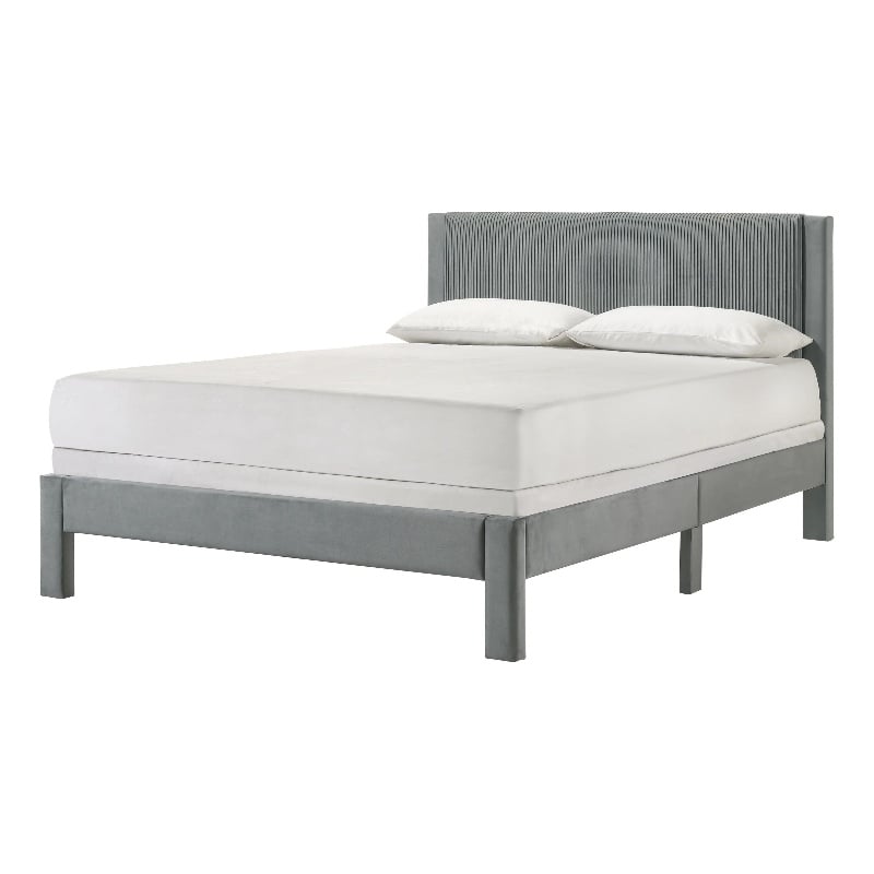 Cery Queen Size Platform Bed- Light Gray Upholstery Textured Headboard