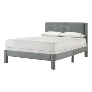 Cery Queen Size Platform Bed- Light Gray Upholstery Textured Headboard