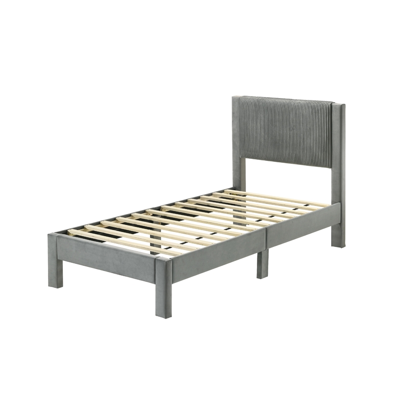 Cery Twin Size Platform Bed- Light Gray Upholstery- Textured Headboard