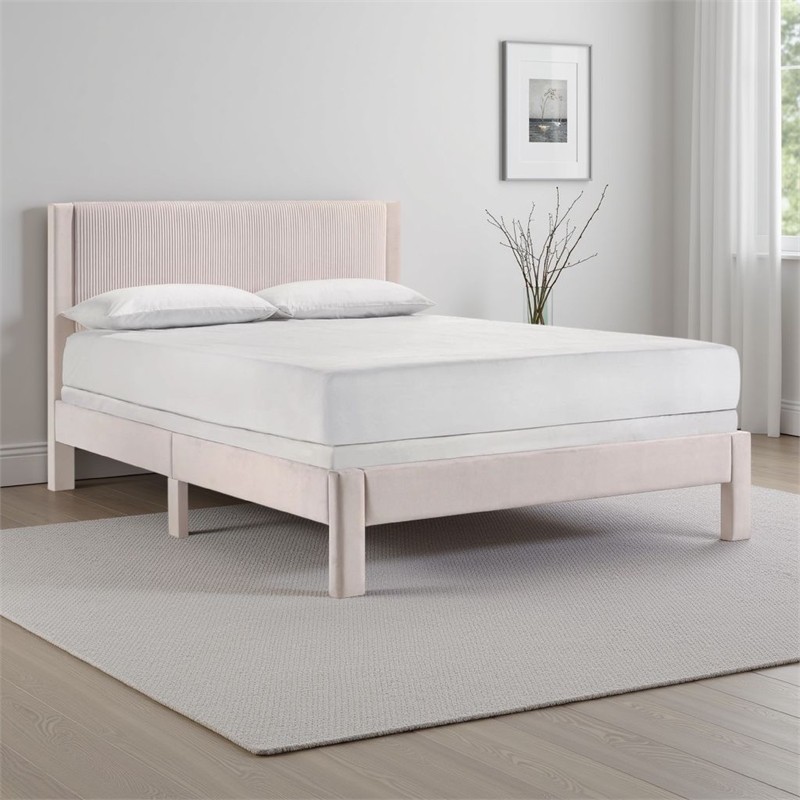 Cery Full Size Platform Bed- Pink Upholstery- Textured Headboard