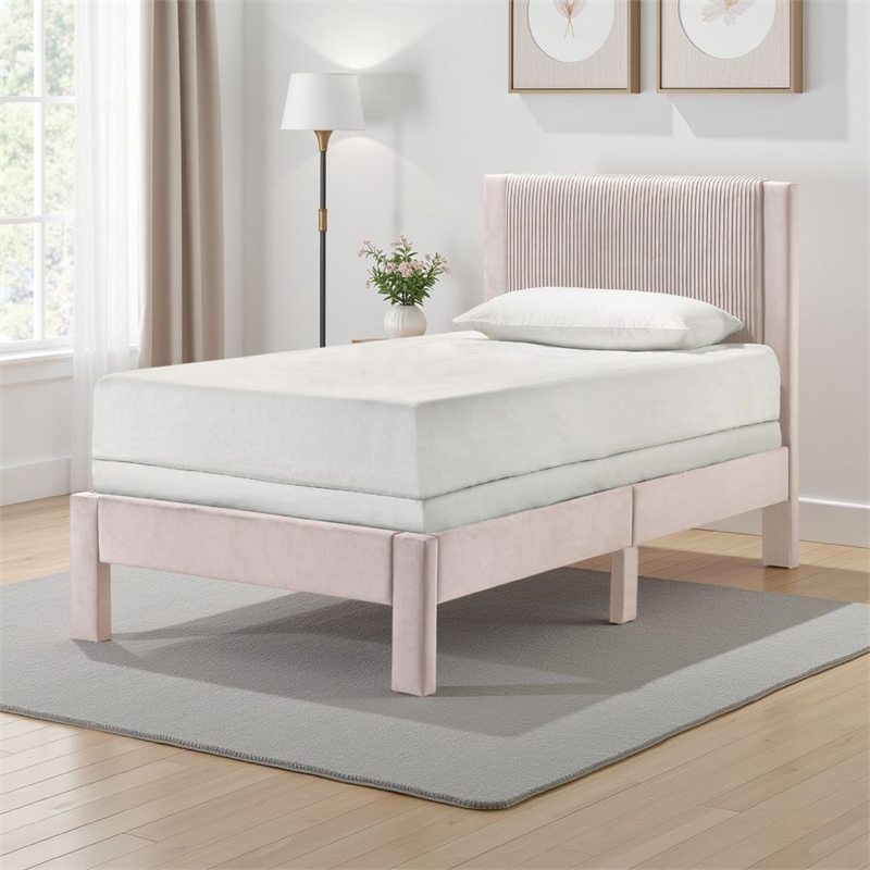 Cery Twin Size Platform Bed- Pink Upholstery- Textured Headboard