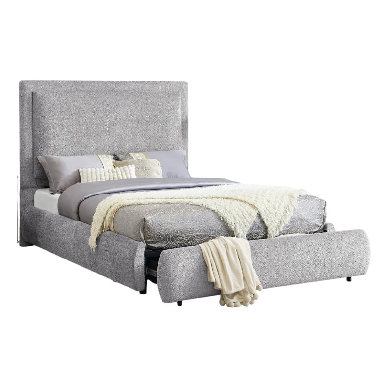 Reby Queen Size Bed w Storage Footboard- Gray Chenille Upholstery