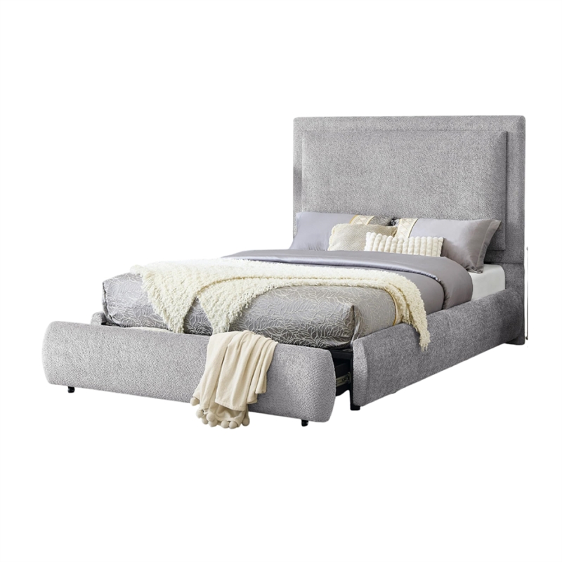 Reby Queen Size Bed w Storage Footboard- Gray Chenille Upholstery