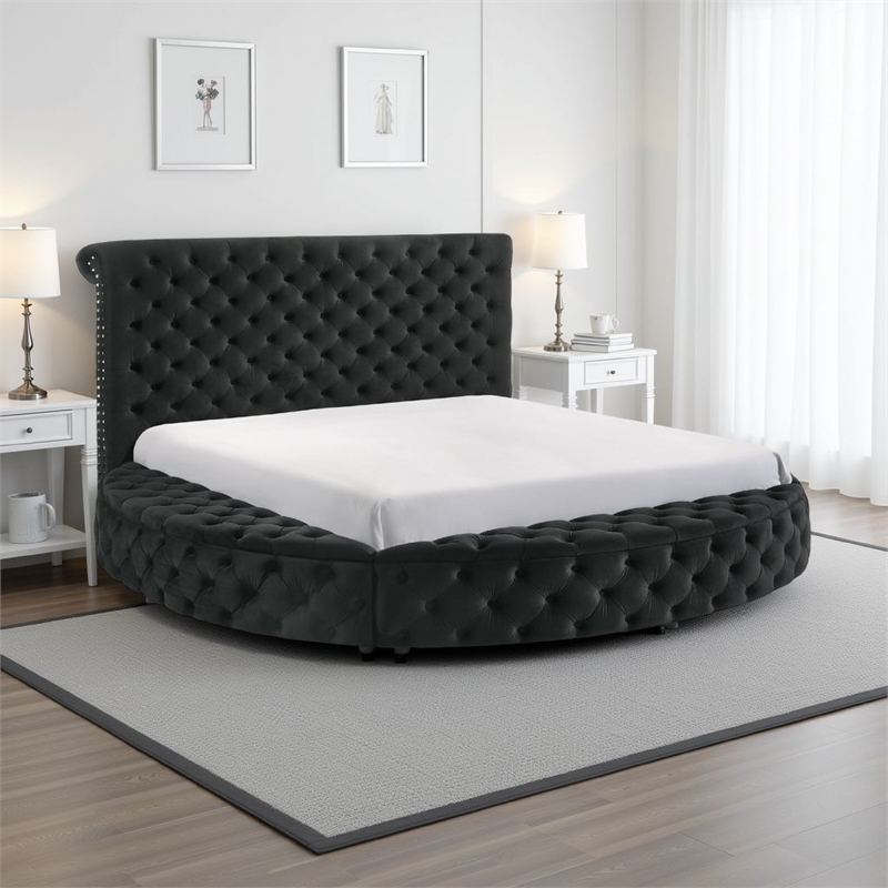 Jeri King Size Round Bed w Storage Footboard- Black Velvet Upholstery