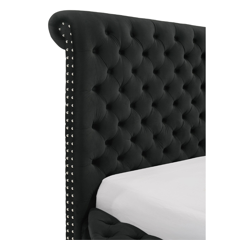 Jeri King Size Round Bed w Storage Footboard- Black Velvet Upholstery