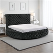 Jeri Queen Size Round Bed w Storage Footboard- Black Velvet Upholstery