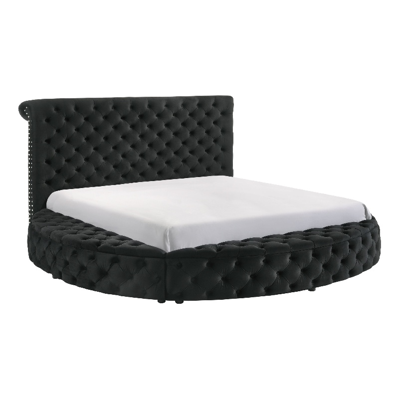 Jeri Queen Size Round Bed w Storage Footboard- Black Velvet Upholstery