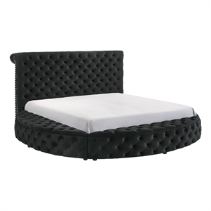 Jeri Queen Size Round Bed w Storage Footboard- Black Velvet Upholstery