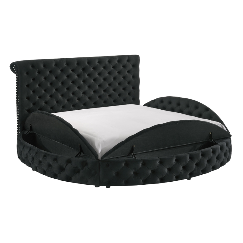 Jeri Queen Size Round Bed w Storage Footboard- Black Velvet Upholstery