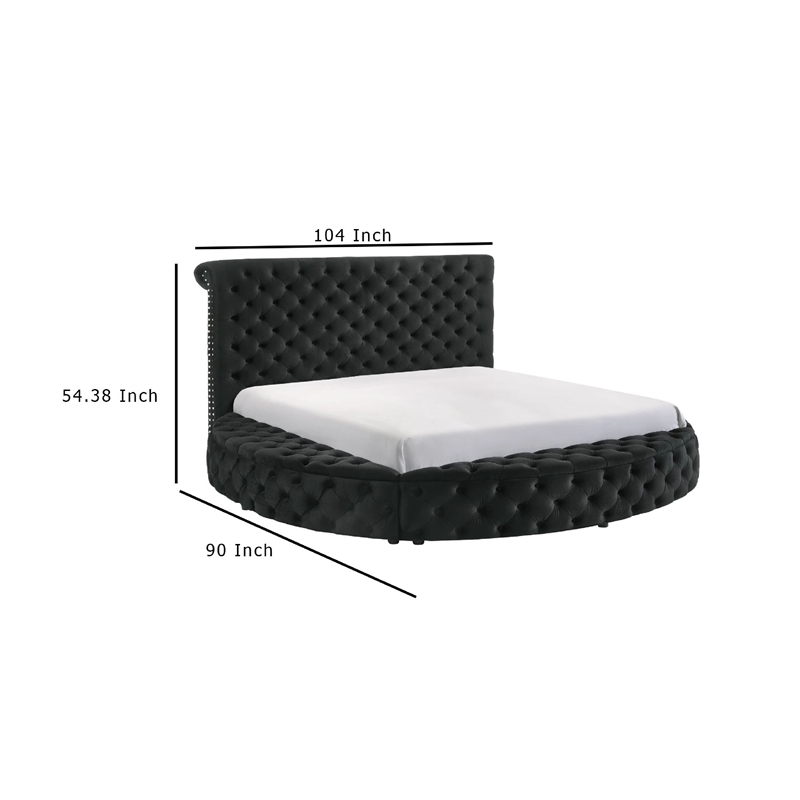Jeri Queen Size Round Bed w Storage Footboard- Black Velvet Upholstery
