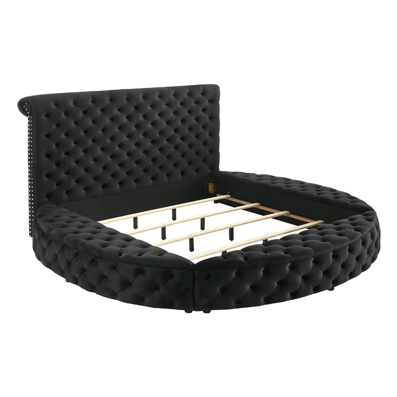 Jeri Queen Size Round Bed w Storage Footboard- Black Velvet Upholstery