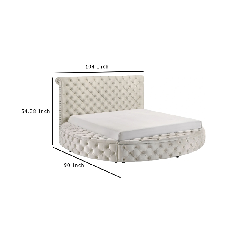 Jeri Queen Size Round Bed w Storage Footboard Ivory Italian Upholstery