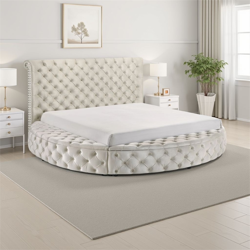 Jeri Queen Size Round Bed w Storage Footboard Ivory Italian Upholstery