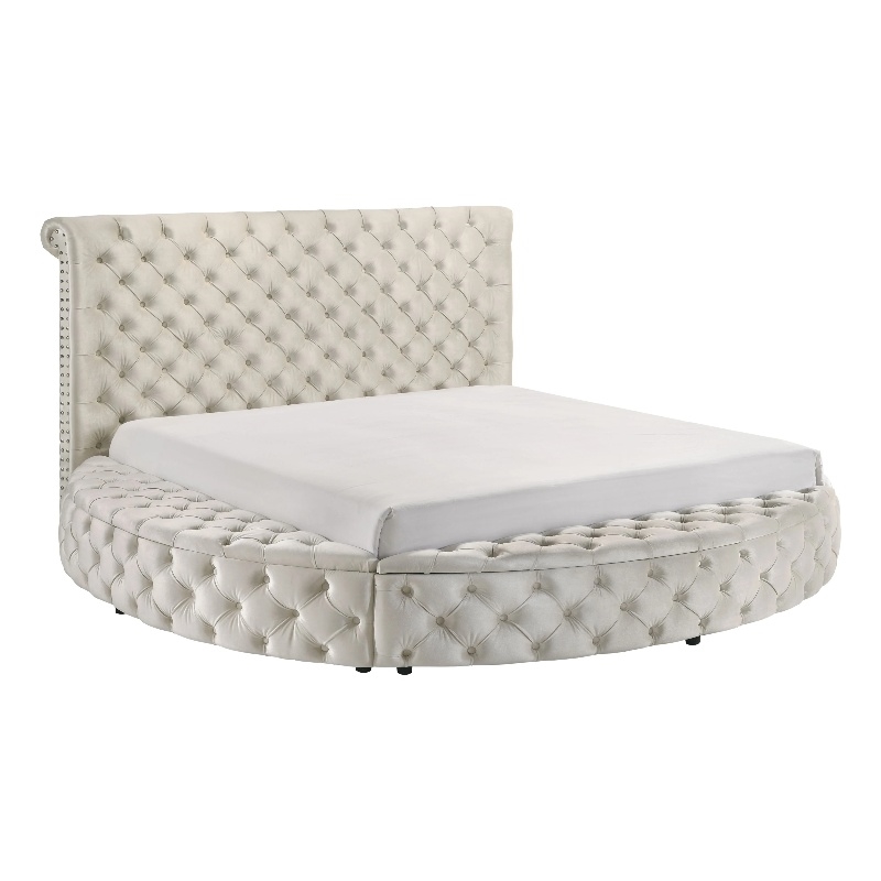 Jeri Queen Size Round Bed w Storage Footboard Ivory Italian Upholstery