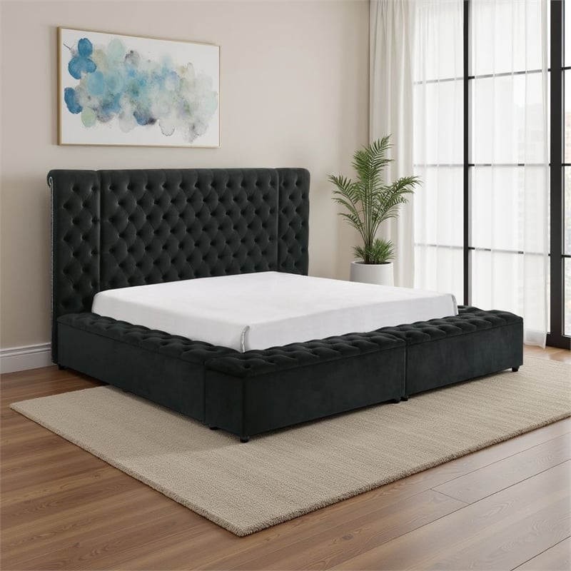 Heri King Bed w Side Storage- Chesterfield Black Velvet Upholstery