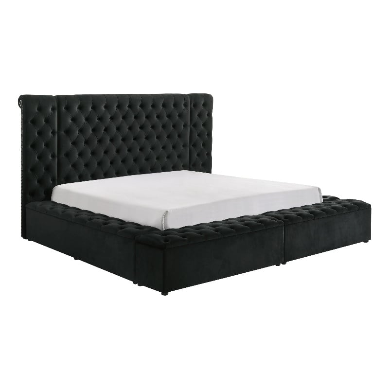 Heri King Bed w Side Storage- Chesterfield Black Velvet Upholstery