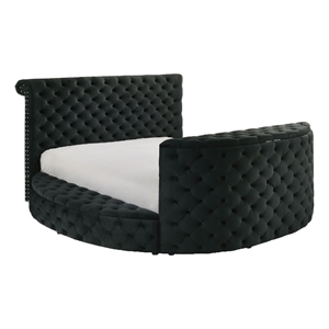 Leri Round King Size Bed w Lift TV Stand- LED Fireplace- Black Velvet