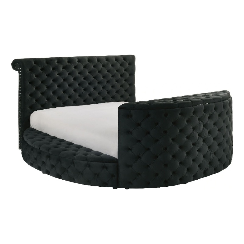 Leri Round King Size Bed w Lift TV Stand- LED Fireplace- Black Velvet