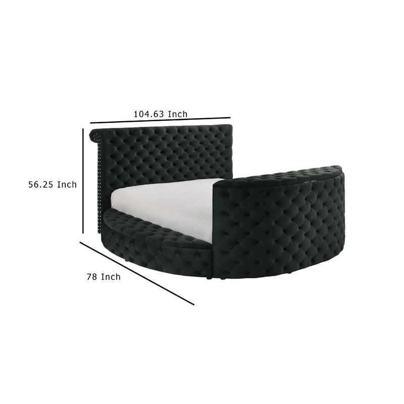Leri Round Queen Bed w Lift TV Stand- LED Fireplace- Black Velvet
