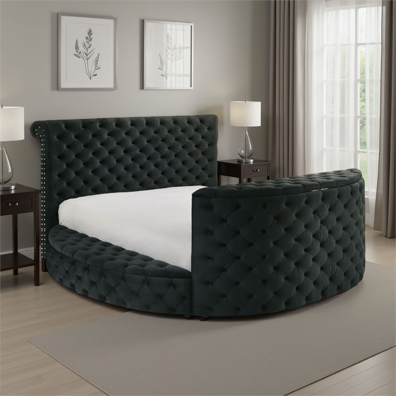 Leri Round Queen Bed w Lift TV Stand- LED Fireplace- Black Velvet