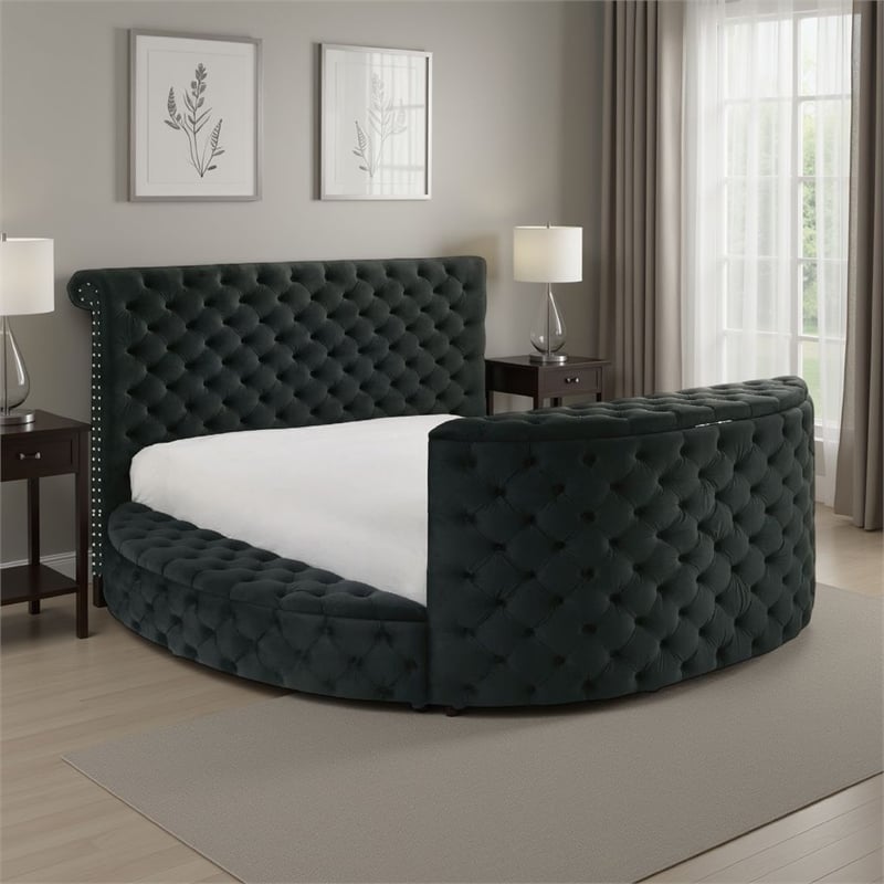 Leri Round Queen Bed w Lift TV Stand- LED Fireplace- Black Velvet