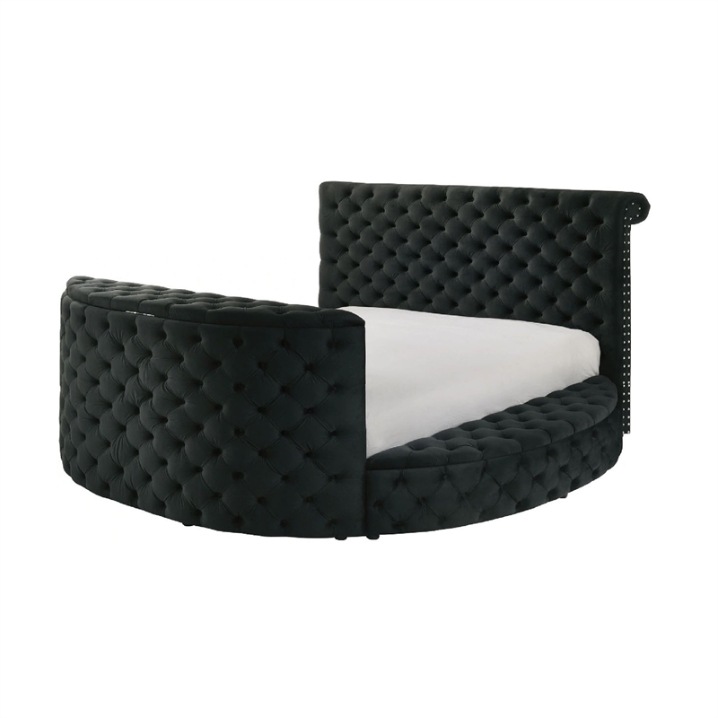 Leri Round Queen Bed w Lift TV Stand- LED Fireplace- Black Velvet
