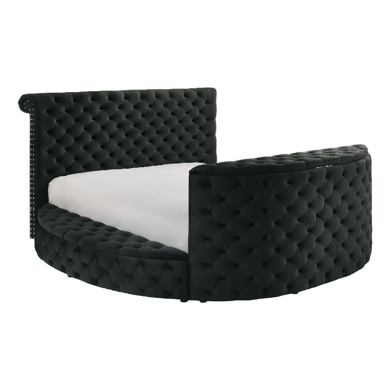Leri Round Queen Bed w Lift TV Stand- LED Fireplace- Black Velvet