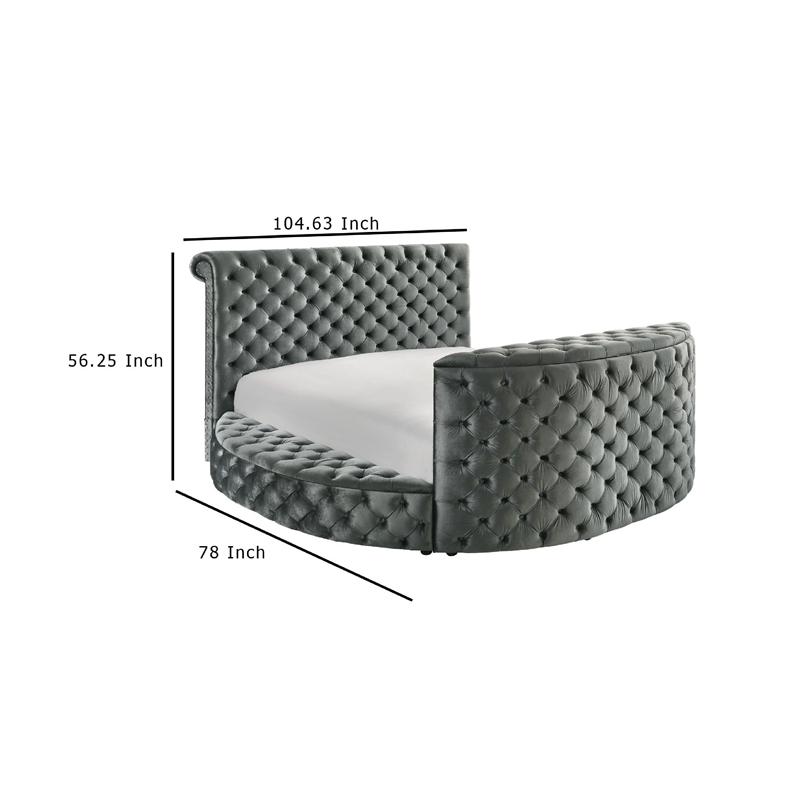 Leri Round Queen Size Bed w Lift TV Stand- LED Fireplace- Gray Velvet