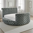 Leri Round Queen Size Bed w Lift TV Stand- LED Fireplace- Gray Velvet