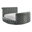 Leri Round Queen Size Bed w Lift TV Stand- LED Fireplace- Gray Velvet